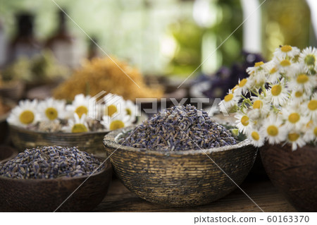 Natural remedy,Herbal medicine and wooden table 60163370