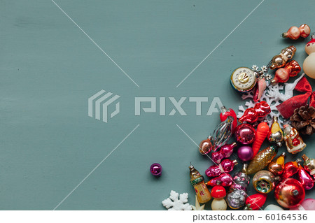 Vintage Christmas tree toys gifts for the new year light green background 60164536