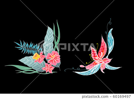 Set of two summer colorful tropical flowers. Set of two summer colorful tropical flowers. 60169497