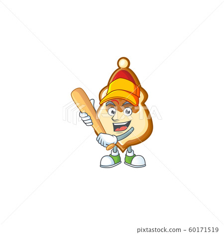 Funny smiling christmas hat cookies cartoon mascot playing baseball 60171519