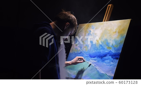 Artist copyist paint seascape with ship in ocean. Vaper smoke vape e-cigarette. Craftsman decorator draw as boat sail on blue sea with acrylic color. 60173128