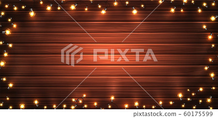 Christmas lights. Xmas glowing garlands of LED light bulbs on wooden texture background. Holiday decorations of realistic colorful lamps for new year greeting card or poster. Christmas lights. Xmas glowing garlands of LED light bulbs on wooden texture background. Holiday decorations of realistic colorful lamps for new year greeting card or poster. 60175599