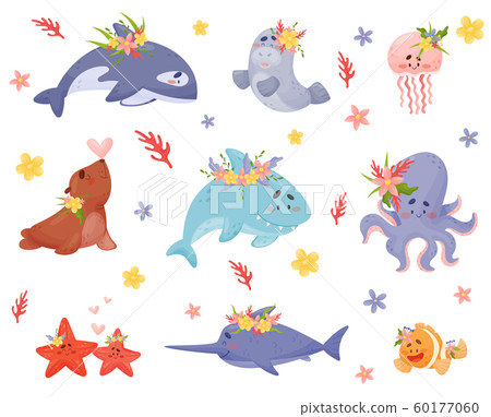 Cute Cartoon Sea Animals And Fish Vector Stock Illustration 60177060 Pixta