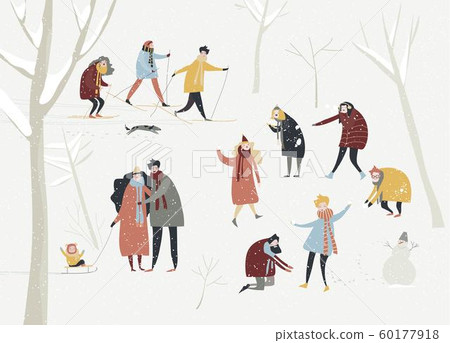Cartoon happy people enjoying in the winter snowing forest. Vacation time Cartoon happy people enjoying in the winter snowing forest. Vacation time 60177918