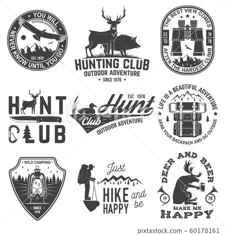 Set of hunting club and outdoor adventure quotes. Vector. Concept for shirt or logo, print, stamp, tee. Vintage design with backpack, binoculars, mountains, deer, tent, lantern and forest silhouette