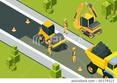 Asphalt street roller. Urban paved road laying safety ground workers builders yellow machines isometric vector landscape 60179523
