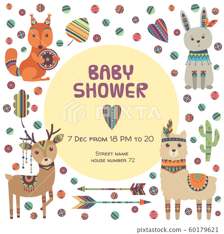 Baby shower label. Ethnic cute little animals fox squirrel deer and llama with tribal pattern and feathers vector poster template 60179621