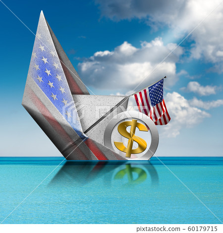 US Dollar symbol sinking aboard of a paper boat - Recession concept  60179715