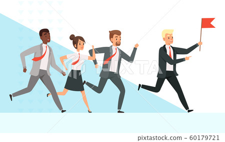 Business people running. Workers managers male female goes with their mentor leader director red flag hand leadership vector concept Business people running. Workers managers male female goes with their mentor leader director red flag hand leadership vector concept 60179721