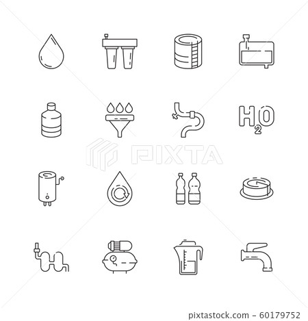 Clean water icon. Fresh drink dispenser machine purity relations eco barrel vector thin line symbols 60179752