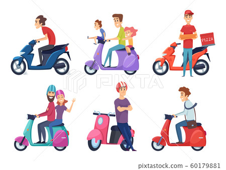 Man ride motorcycle. Fast bike scooter for delivery pizza or food travelers couple driving moped vector pictures 60179881