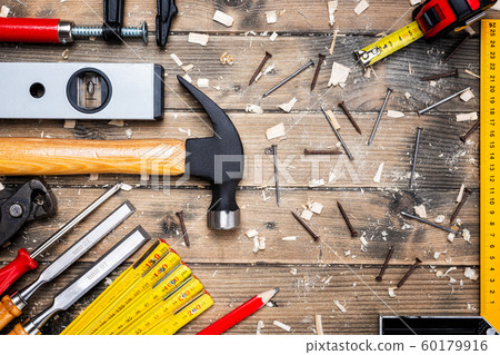 Carpenter's work tools. Carpentry. 60179916
