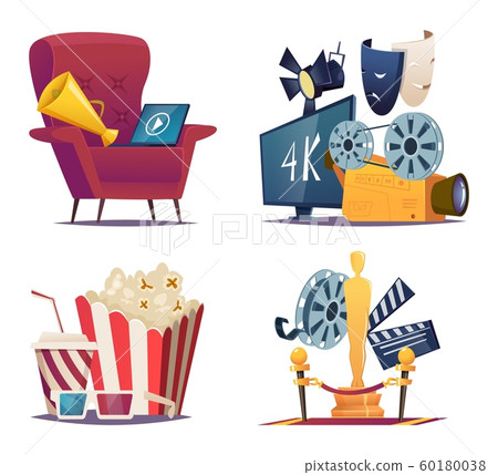 Cinema cartoon. Entertainment conceptual collections with symbols of cinema and theatre megaphone masks popcorn glasses vector 60180038