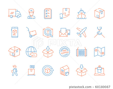 Delivery symbols. Shipping fast courier cargo freight logistics international process vector colored linear icons 60180087