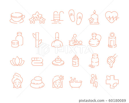 Spa thin icons. Woman beauty therapy treatment ayurveda solarium sauna relax hot stones and smell vector symbols Spa thin icons. Woman beauty therapy treatment ayurveda solarium sauna relax hot stones and smell vector symbols 60180089