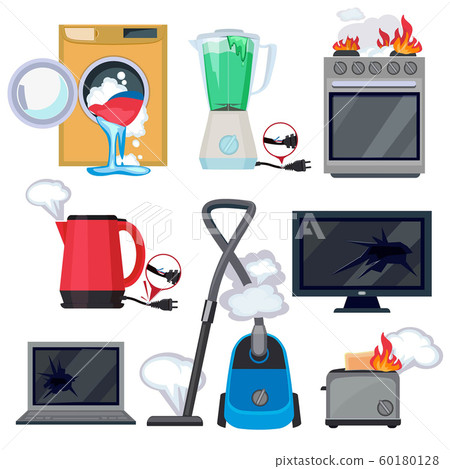 Broken appliance. Damage kitchen home items tv washing machine tablet laptop vector cartoon illustrations 60180128