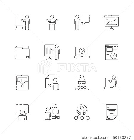 Business presentation icon. Learning managers classroom lecture conference training presentation class vector symbols 60180257