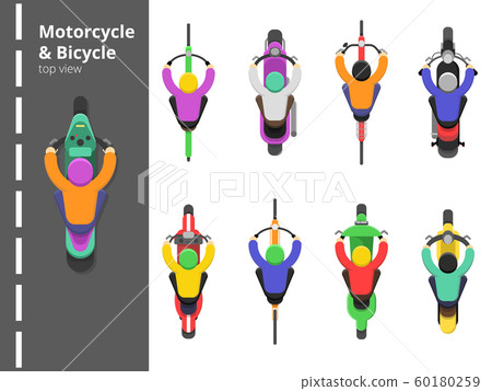 Bike bicycles top. Overhead topping view motorbike fast driving young male driver vector flat pictures 60180259
