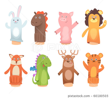 Cartoon puppets. Dolls from socks on hands and fingers puppet toys for kids vector funny characters Cartoon puppets. Dolls from socks on hands and fingers puppet toys for kids vector funny characters 60180503