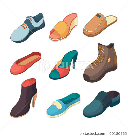 Shoes isometric. Fashion foot shoe boots sandals slippers clothes vector collection isolated 60180563