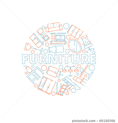 Furniture background. Interior tools in circle shape sofa chair table bed household vector design template 60180566