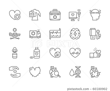 Set of Heart Attack Line Icons. Cardiogram, First Aid Kit, Heartbeat and more. Set of Heart Attack Line Icons. Cardiogram, First Aid Kit, Heartbeat and more. 60180902