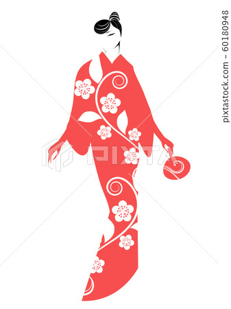 和服，梅花，日本衣服的女人的身影 60180948