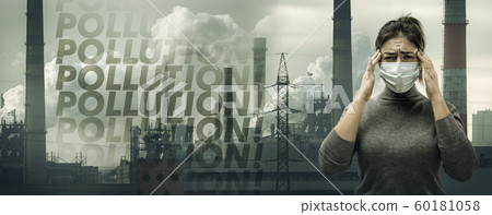 Caucasian woman wearing the respiratory protection mask against air pollution and dusk with factories on background Caucasian woman wearing the respiratory protection mask against air pollution and dusk with factories on background 60181058
