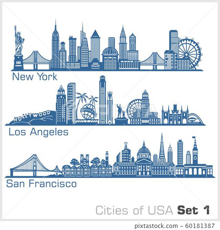 Cities of USA - New York, Los Angeles, San Francisco. Detailed architecture. Trendy vector illustration. 60181387