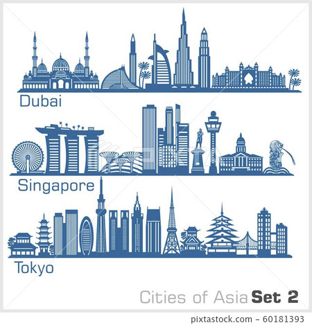 Cities of Asia - Dubai, Singapore, Tokyo. Detailed architecture. Trendy vector illustration. 60181393