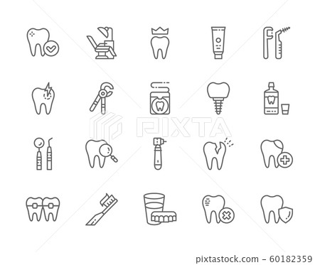 Set of Dentistry Line Icons. Toothpaste, Implant, Mouthwash, Toothbrush and more 60182359