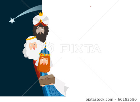 Christmas greeting card, invitation. Three magi bringing gifts. Biblical kings Caspar, Melchior, Balthazar and comet. Falling star. Vector illustration background. Blank paper bannner, copy space. Christmas greeting card, invitation. Three magi bringing gifts. Biblical kings Caspar, Melchior, Balthazar and comet. Falling star. Vector illustration background. Blank paper bannner, copy space. 60182580