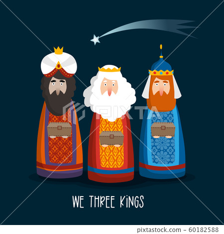 Christmas greeting card, invitation. Cute three magi bringing gifts. Biblical kings Caspar, Melchior, Balthazar and comet. Falling star at night. Cartoon vector illustration background, web banner. 60182588