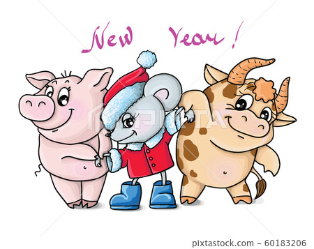 illustration new year, mous, gray, cute, bull, boar, horoscope, celebration vector 60183206