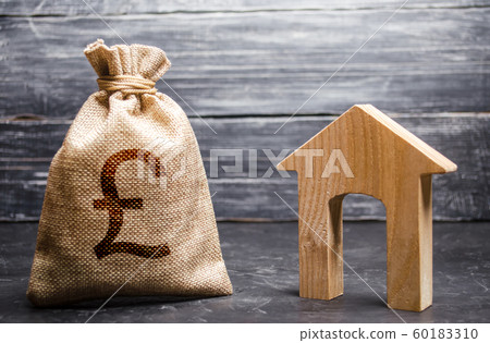 Pound sterling GBP symbol money bag and house. Real estate purchase and investment. Affordable loan, mortgage. Taxes, rental income. rent or buy. Home budget. Maintenance of a residential building. 60183310