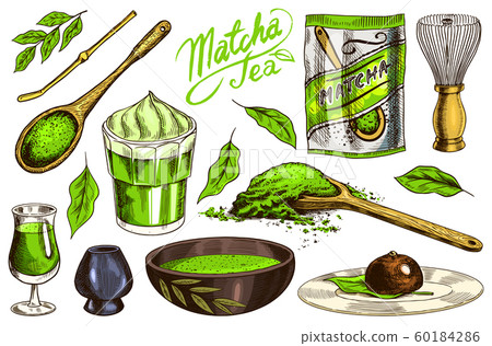 Matcha green tea set. Organic powder, bamboo whisk chasen, bowl chawan, spoon chashaku for Japanese Matcha green tea set. Organic powder, bamboo whisk chasen, bowl chawan, spoon chashaku for Japanese 60184286