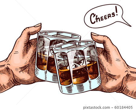 Cheers toast poster. A glass of whiskey in the hands. Vintage American badge. Strong drink 60184405