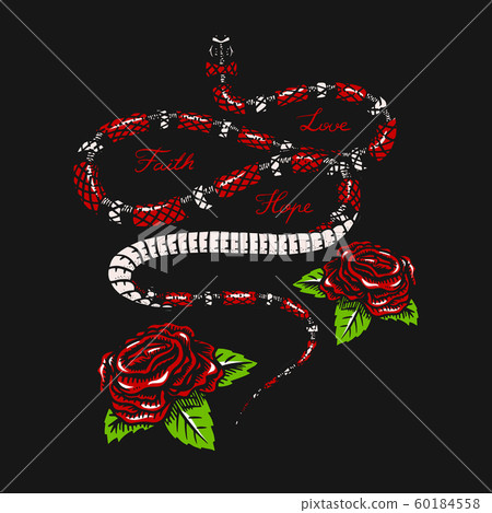Milk snake with flowers in Vintage style. Serpent cobra or python or poisonous viper. Engraved hand Milk snake with flowers in Vintage style. Serpent cobra or python or poisonous viper. Engraved hand 60184558