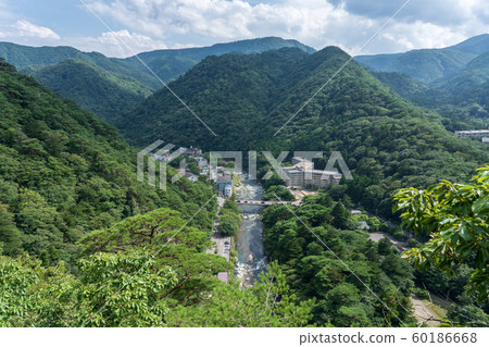 Nasushiobara City, Tochigi Prefecture Shiobara Onsen Yodogawa Fukutobashi (August) overhead view 60186668