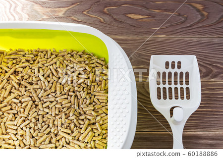 Close-up of high sided cat litter tray with wooden pellets and scoop on a brown wooden floor. Close-up of high sided cat litter tray with wooden pellets and scoop on a brown wooden floor. 60188886
