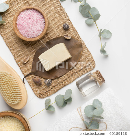 Flat lay of organic cosmetics and eco materials for spa and relax 60189118