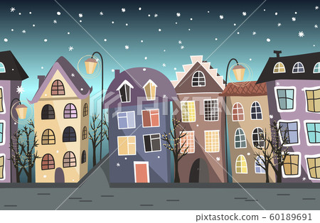 Seamless winter border with cute houses and trees. Christmas vector background Seamless winter border with cute houses and trees. Christmas vector background 60189691