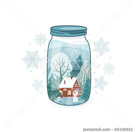 Cute winter vector illustration. Close lid glass jar with wintertime rustic landscape. House, fir tree, snowman, snow inside bottle. Glass container surrounded by snowflakes 60190882