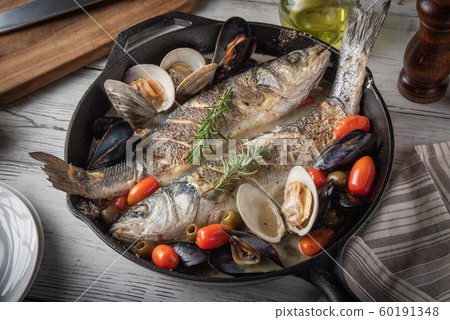 acqua pazza of branzini, european sea bass acqua pazza of branzini, european sea bass 60191348