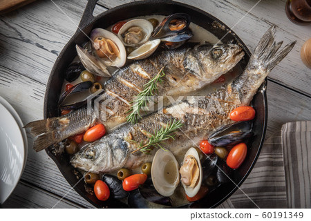 acqua pazza of branzini, european sea bass 60191349