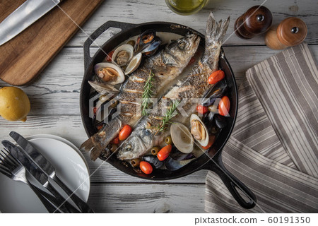 acqua pazza of branzini, european sea bass acqua pazza of branzini, european sea bass 60191350