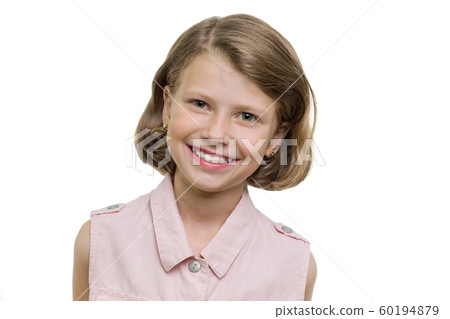 Portrait of beautiful girl of 7, 8 years old. Child with perfect white smile, isolated on white background 60194879