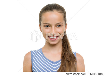 Portrait of beautiful girl of 10, 11 years old. Child with perfect white smile, isolated on white background 60194880