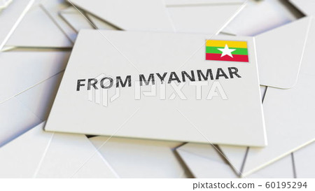 Letter with From Myanmar text on pile of other Letters. International mail related conceptual 3D rendering 60195294