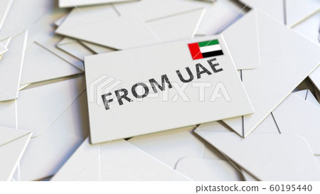 Envelope with From the United Arab Emirates UAE stamp among other envelopes. International mail related conceptual 3D rendering Envelope with From the United Arab Emirates UAE stamp among other envelopes. International mail related conceptual 3D rendering 60195440
